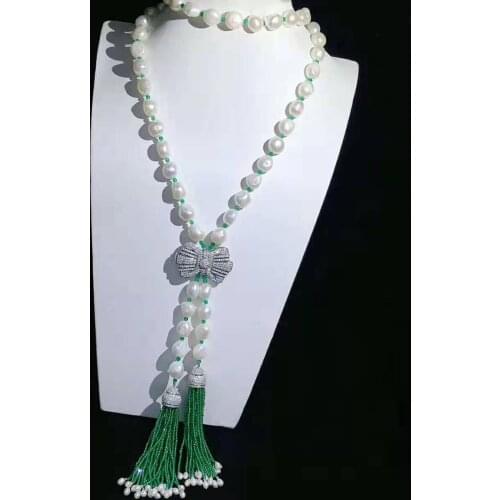 75-80cm 10-11mm white baroque freshwater pearl green stone necklace zircon bowknot accessories tassel pendant necklace