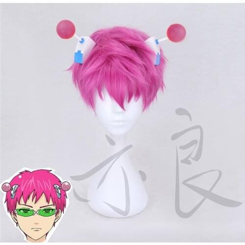 Tokyo Anime The Disastrous Life of Saiki K. Cosplay Wig Glasses Saiki Kusuo Short Pink Synthetic Hair with Hair Pin +Wig Cap