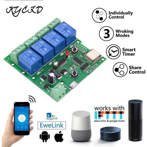 EweLink 4CH Smart Light Switch Module DC5V12V32V RF433 Receive 10A Relays Self-locking interlock Work with Alexa Google Assistan