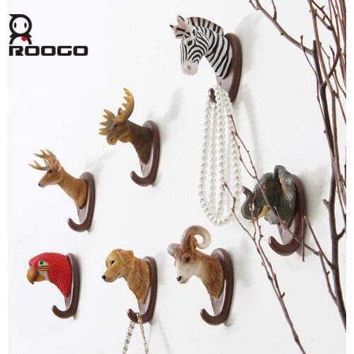 ROOGO 3D Resin Animal Head hanger Wall hook Coat Decorative Hat clothes hook hangers Jungle Hook Home popular Decor