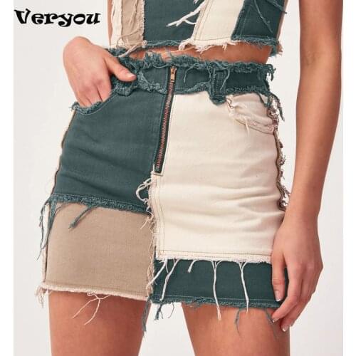 Womens Patchwork Cotton Denim High Waist A-Line Skirts With Pockets Summer Street wear Color Block Zipper Women Sexy Mini Skirt