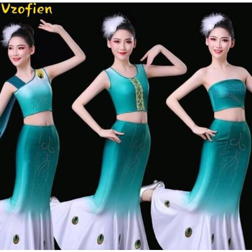 Women Dai Peacock Dance Clothing Children Fishtail Wrap Hip Chinese Folk Dance Costumes Children Hmong Dance Wear for Stage