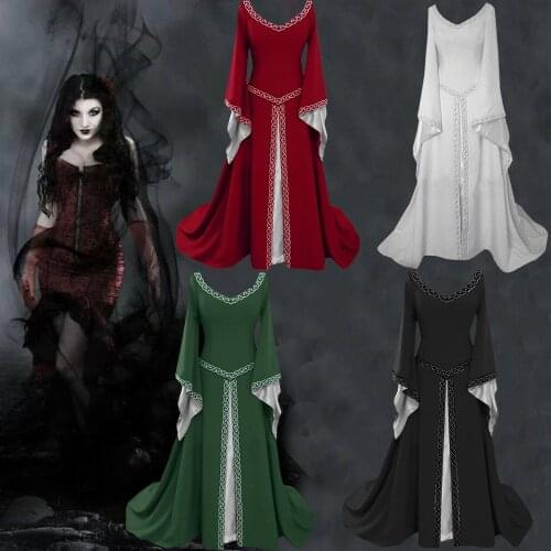 Witch Cosplay Costumes Vitange Long Sleeve V-neck Medieval Dress Floor Length Cosplay Dress Halloween Costumes For Women 2021