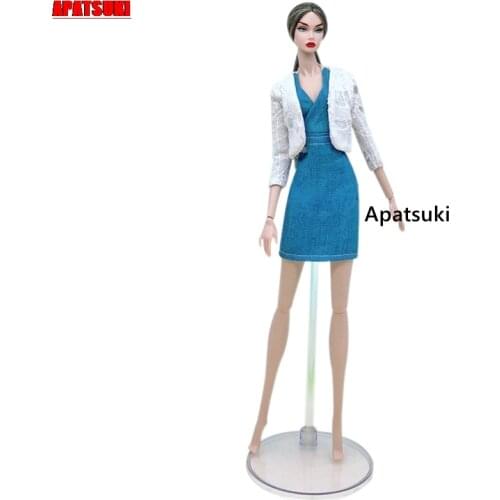 White Coat Blue Dress Fashion Doll Outfits For Barbie Doll Clothes Set Jacket & Dress 1/6 Dolls Accessories Toys For Children