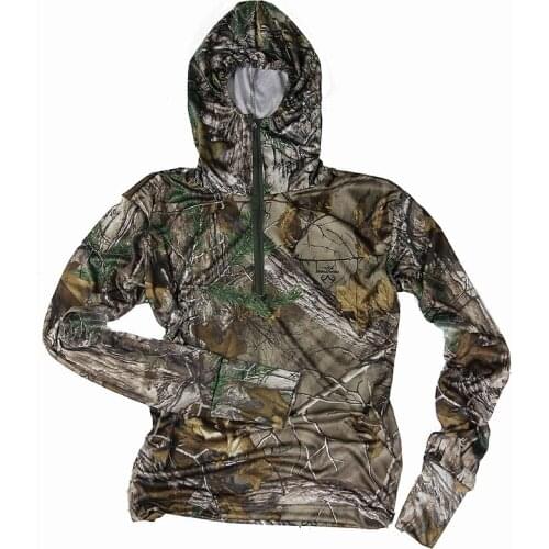 Outdoor Hunting Bird Watch Bionic Camo Shirt Mens Stretch Breathable Hooded Tops Summer Quick Dry Sun Protective Fishing Clothes