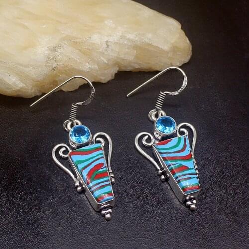 Gemstonefactory Big Promotion Unique 925 Silver Stripe Jasper Blue Topaz Women Ladies Gifts Dangle Drop Earrings 20211963