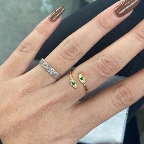 Wholesale Gold Color Green CZ Open Adjust Clear Cubic Zirconia Paved Lucky Evil Eye Ring Girls Fashion Minimal Delicate Jewelry