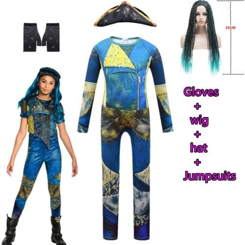Descendants 3 Mal&Uma Ursula Daughter Cosplay Costumes Girls Xmas Set Fantasia Jumpsuits Braids Wig Halloween Costumes for Kids