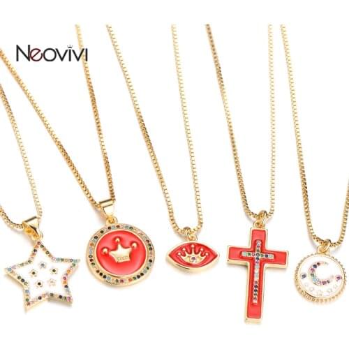 Fashion Europen Red White Oil Drop Copper Gold Necklace Cross Crown Moon Star Pendant Necklaces Women Ladies Choker Jewelry Gift