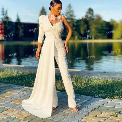 One Side Hip Caped Boho Wedding Dresses 2021 With One Long Sleeve Sexy Jumpsuit Trousers Country Wedding Dress Chic Lace Bride