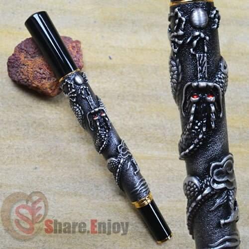 FOUNTAIN PEN MEDIUM NIB JINHAO 41 OLD GREY WITH DRAGON EMBOSSMENT WITH CRYSTAL
