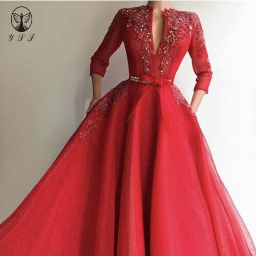 Arabian Design O Neck Appliqued Beaded 3D Flowers Belt Three Quarter Sleeve A Line Red Prom Dresses
