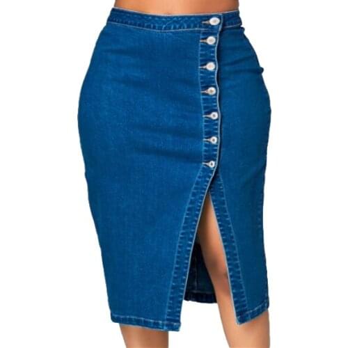 Casual Womens Slim Jean Pencil Mid Length Midi Stretch Denim Button Split Skirt