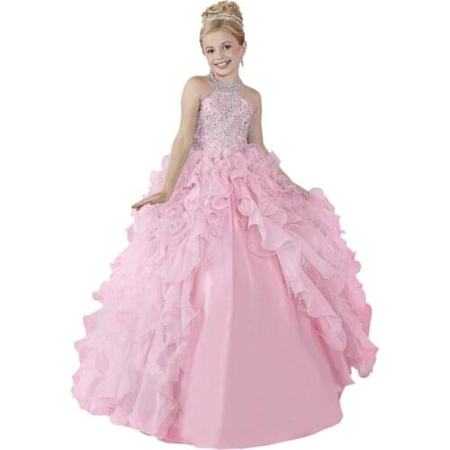 Pink little girls dresses beaded long girls pageant dresses prom ball gowns kids children fancy dress for girls