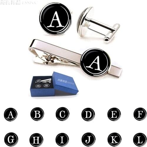 26 Alphabet Letters Print Personality Men Cufflinks Tie Clip Set Shirt Suit Cuff Links Wedding Cufflinks Fathers Day Gift