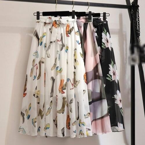 Women Sprint Summer Vintage floral print chiffon skirts korean A line Pink streetwear high waist ladies midi skirt