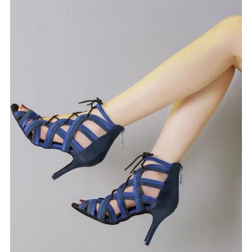 Women Latine Dancing Shoes Blue Ballroom High Heels Boots Lace-UP Soft Bottom Salsa Tango Summer Party Sandals For Ladies L427