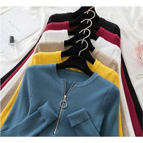 Spring Autum Korean Fashion Zippers Women Pullover Sweater Knitted O Neck Long Sleeve Top Solid All-match Slim Sueters De Mujer