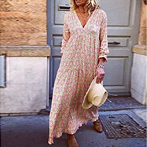 Fashion Women Long Sleeve Maxi Dress Autumn Printed Ankle-length Long Dresses Ladies V-neck Loose Dress Vestidos Plus Size