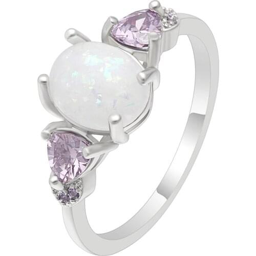 2019 Trendy White Fire Opal Oval Ring Jewelry Silver Color Purple Cubic Zirconia Love Heart Rings For Women Wedding Marriage