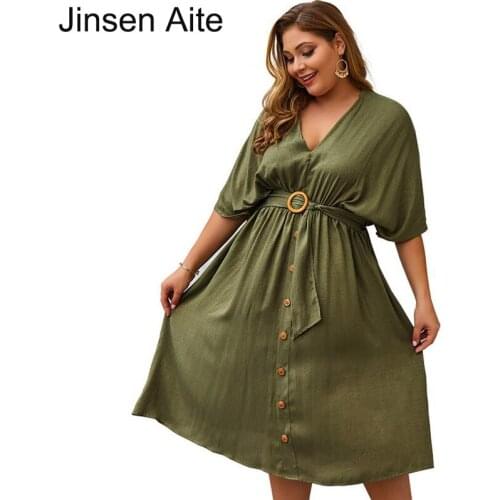 Jinsen Aite Plus Size 4XL NEW 2020 Women Summer Dress Sexy V-Neck Sashes Solid Casual Loose Elegant Dress Female Vestidos JS863
