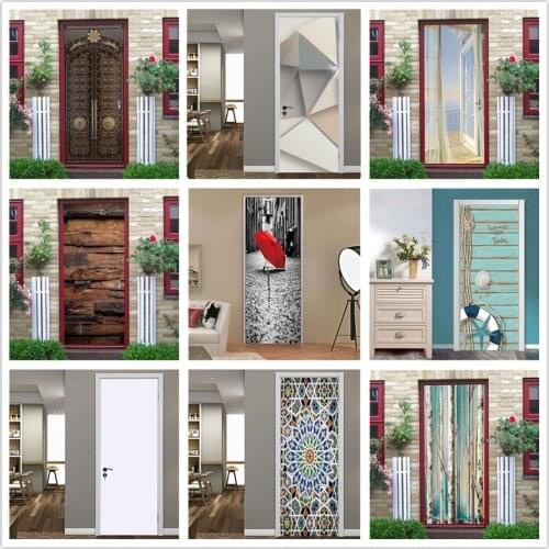 2pcs/set Retro Wooden Door Sticker PVC DIY Wall Mural Decals Removable Self Adhesive Waterproof Wallpaper Room Decor Home Design
