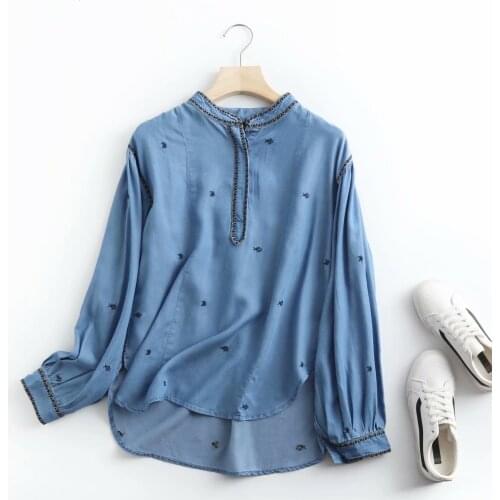 Jeans embroidery blouse top women spring casual soft blue denim blouse long sleeve summer top cotton blouses jeans blusas mujer