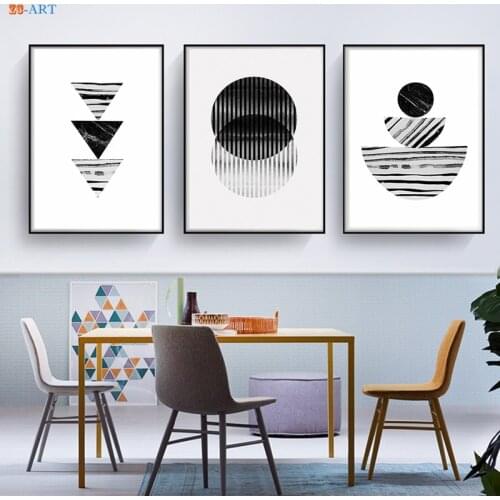 Black and White Wall Art Retro Marble Geometric Print Poster Canvas Painting Wall Pictures for Living Room Mid-Century Decor