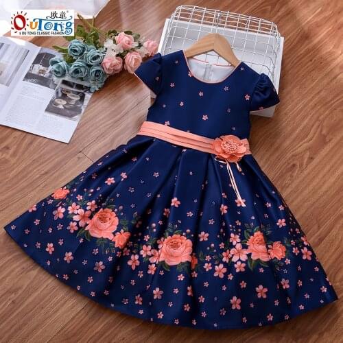 Outong 9 Year Kids Dress Design Waist Applique Short Sleeve Flower Print Dresses For 3 to 10 Years Casual Flower Girl Dresses