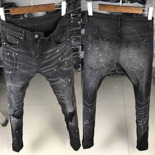 American Streetwear Fashion Men Jeans Black Elastic Slim Fit Ripped Denim Pants High Quality Painted Designer Hip Hop Trousers