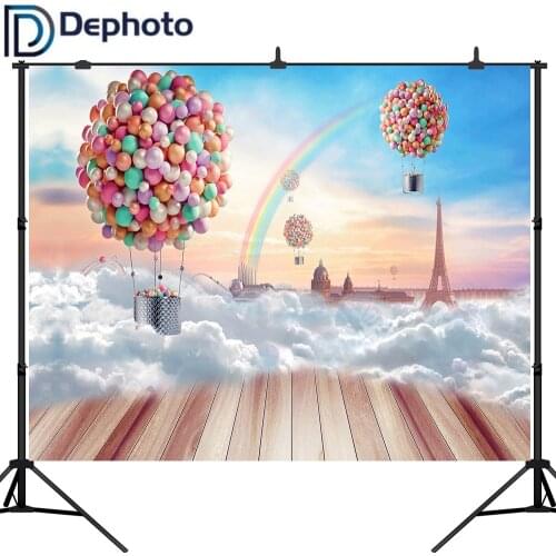 Dephoto Photography Background Balloons Rainbow Blue Sky Newborn Birthday Party Children Customized Backdrop for Photo Studio