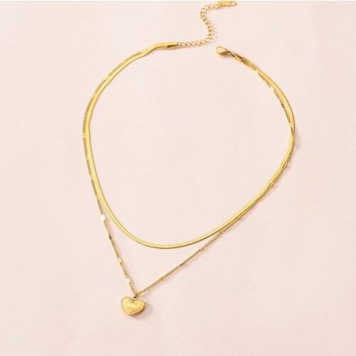 XIYANIKE 316L Stainless Steel 2 Layer Gold Color Heart Necklaces Snake Bone Chain Choker Necklaces 2021 Female Fashion Collier