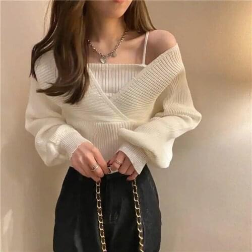 Korea Fake Two Pieces Pullovers Temperament Solid Slim Autumn Short V Neck White Knitted Tops Bottom Sweaters Lady Fashion Chic