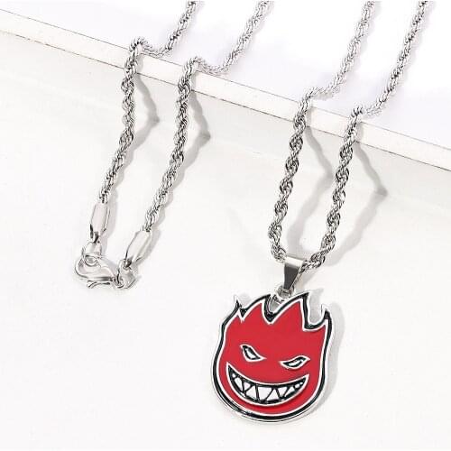 Red Flame Hip-hop Grimace Face Pendant Necklace Punk Ghost Flame Male Color Rock Chain For Party Nightclub Jewelry Accessories