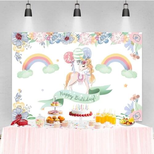 Laeacco Baby Birthday Cartoon Unicorn Rainbow Flower Custom Photo Photography Background Photographic Backdrop For Photo Studio