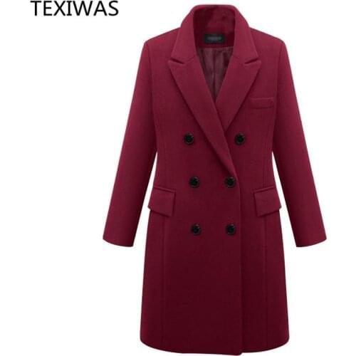 TEXIWAS Fashion Wool Coat Female Double-breasted Woolen Overcoat Women Elegant Long Winter Coats Plus Size Warm Wool blends coat