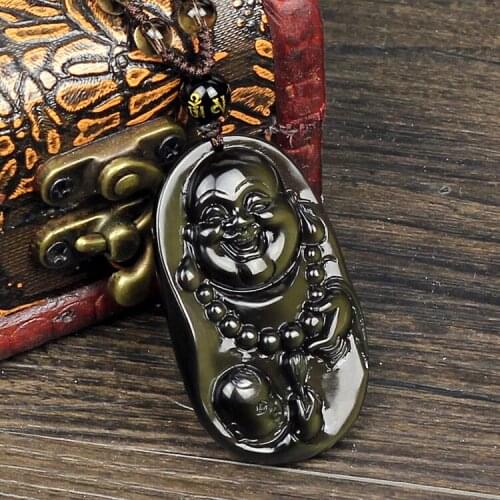 Natural light ice Rainbow Obsidian Maitreya Buddha Pendant Necklace evil Buddha belly male and female body