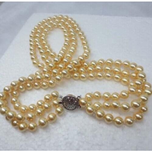 NEW 8mm 3row yellow perfect round sea shell pearl necklace 17-19" Factory Wholesale 18inch real Women Fine for lady jewel