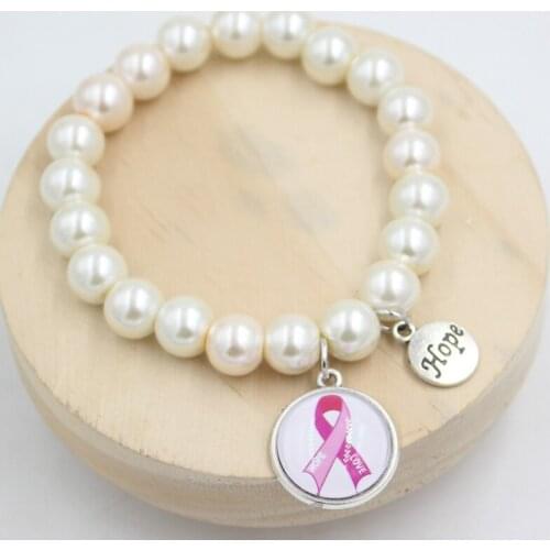 New Arrival 10mm White Glass Pearl Bracelets Breast Cancer Awareness Hope Pink Ribbon Cancer Bracelets Women Jewelry