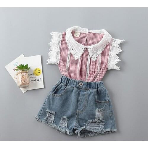 2-7 years High quality girl clothing sets 2019 new summer casual Dot bow kid children girl clothing shirt+demin pant 2pcs