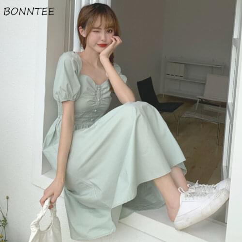 Dresses Women Solid Puff Sleeve Casual Elegant Students All-match Cozy Chic Harajuku Holiday Sweet Simple Vintage Streetwear Ins