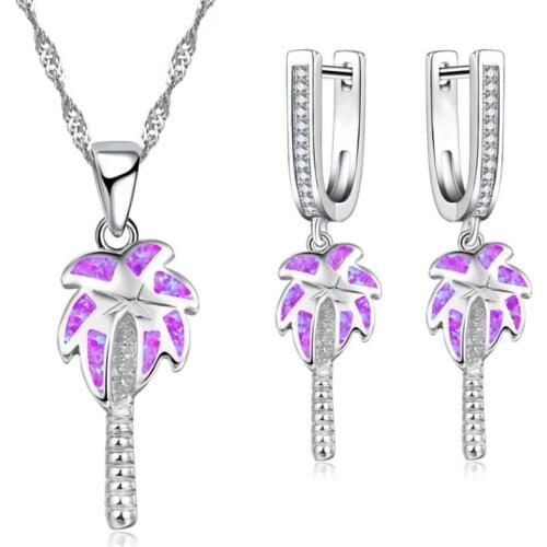 Silver Plated Coconut Tree Many Colors Opalite Opal Pendant Link Chain Necklace Dangle Earrings Plant Jewelry Sets
