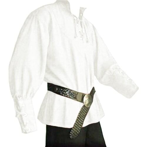 Drop shipping Adult Men Medieval Renaissance Grooms Renactment Larp Costume Lacing Up Shirt Middle Age Bandage Sleeves Top