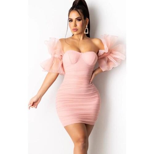 Sexy Pink Cocktail Party Dresses for Women 2021 Elegant Slim Sheath Bodycon Mini Dress Butterfly Sleeves Strapless Ruched Dress
