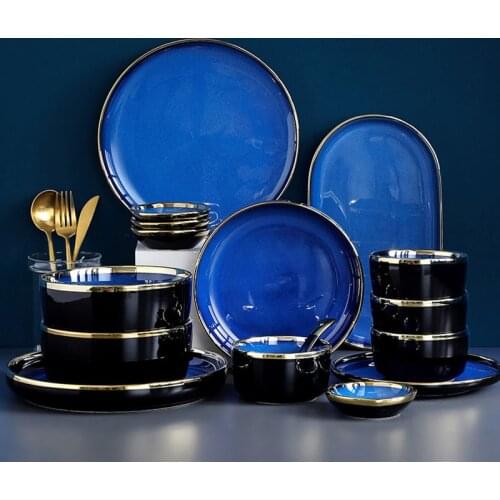 Blue Ceramic Dinnerware Set Plates for Food Luxury Golden Rim Porcelain Dinner Plate Dishes Salad Noodles Bowl for Restaurant