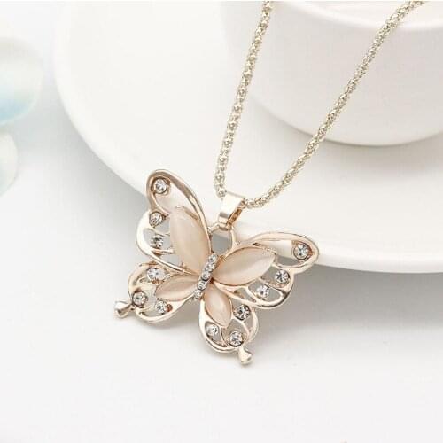 Stylish Jewelry Womens Butterfly Necklace Lady Rose Gold Opal Butterfly Pendant Necklace Sweater Necklaces Gift Dropship