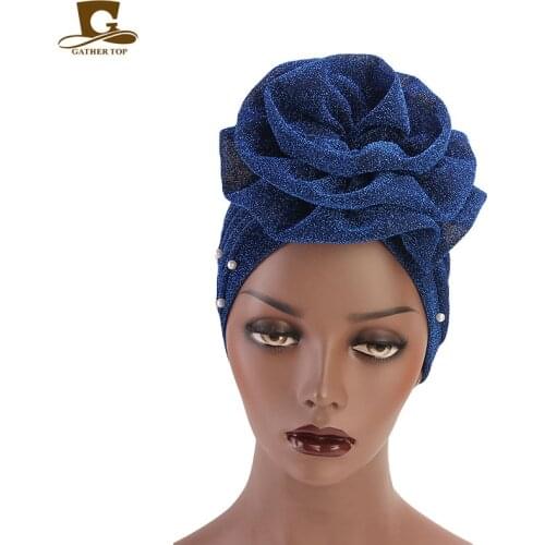 New fashion Women Muslim beaded glitter Turban India Cap Big Flower Headband Wedding Party Hair Lose Head Wraps Accessories