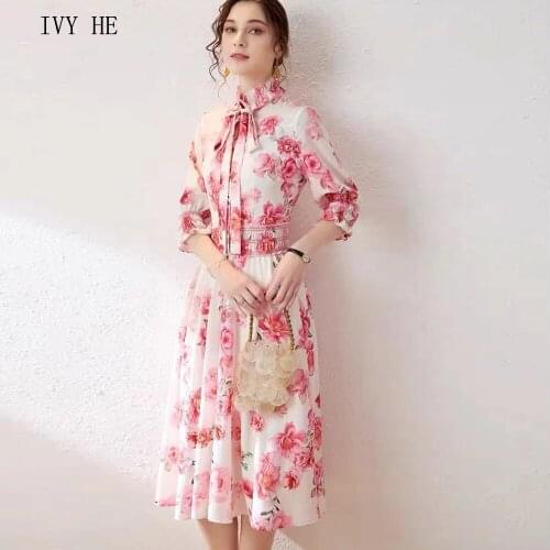 IVY HE High Quality Early Autumn Dress Woman Clothing Slim And Beautiful Print Midi Long Dress Traf ZAfu Party Vintage Dresses