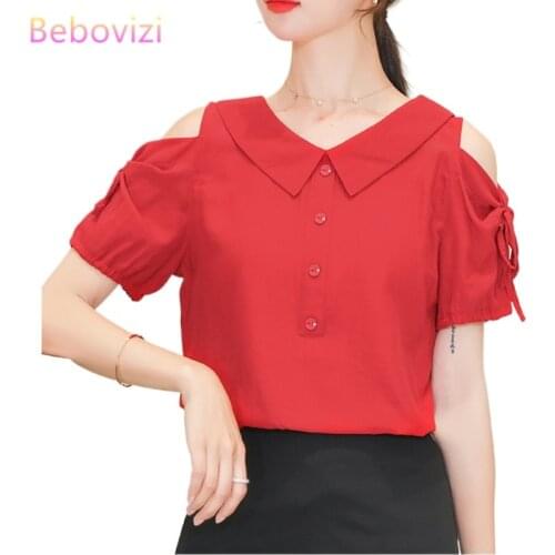 2021 New Fashion Korean Strapless Casual Office Lady Red White Chiffon Blouse for Women Summer Short Sleeve Tops