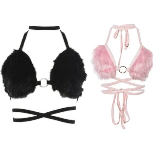 Women Sexy Halter Lace-up Triangle Bikini Bra Deep V-Neck Fluffy Plush Crop Top Vest Backless Cross Strap Bralette Rave Clubwear